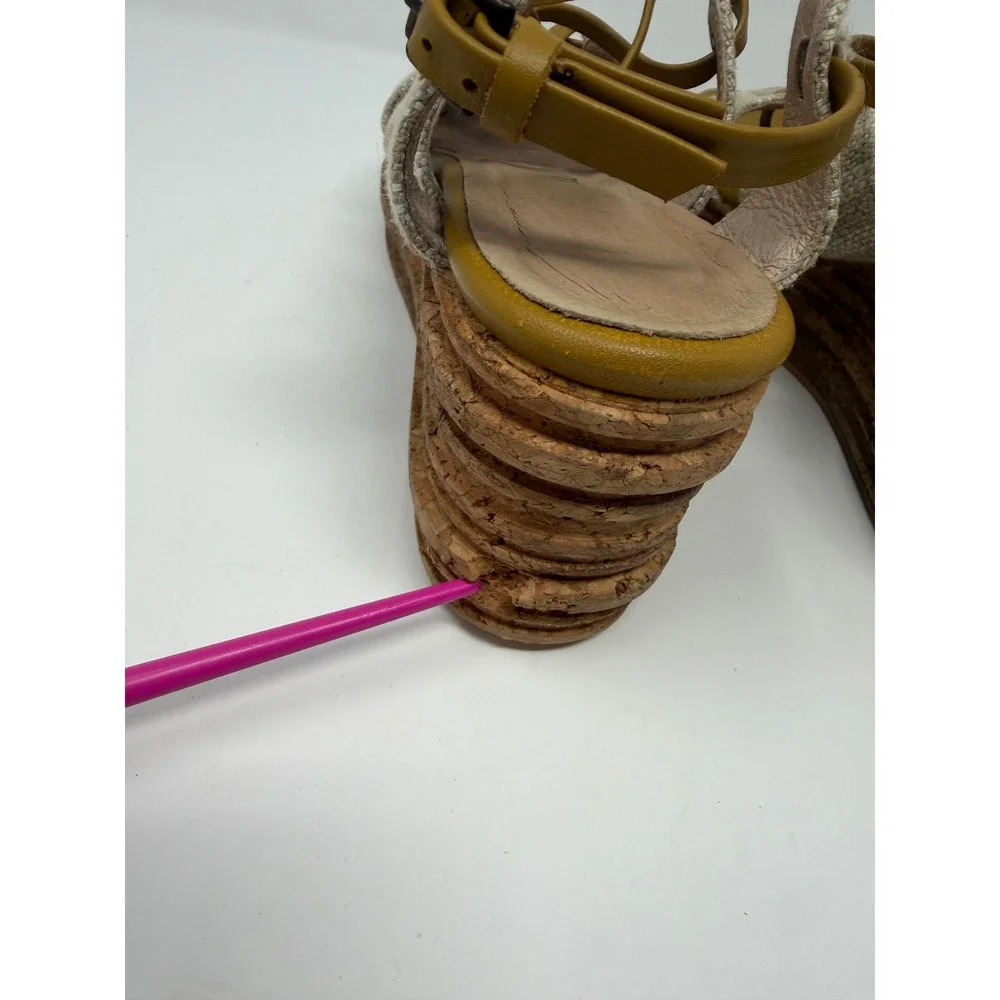 Free People Mustard Yellow Leather Cork Platform Wedge Sandals Made in Spain 6.5